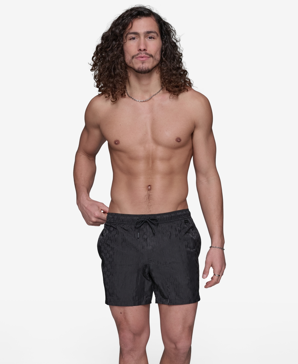 Karl Lagerfeld Men's Euro Volley Jacquard 5" Swimsuit In Black