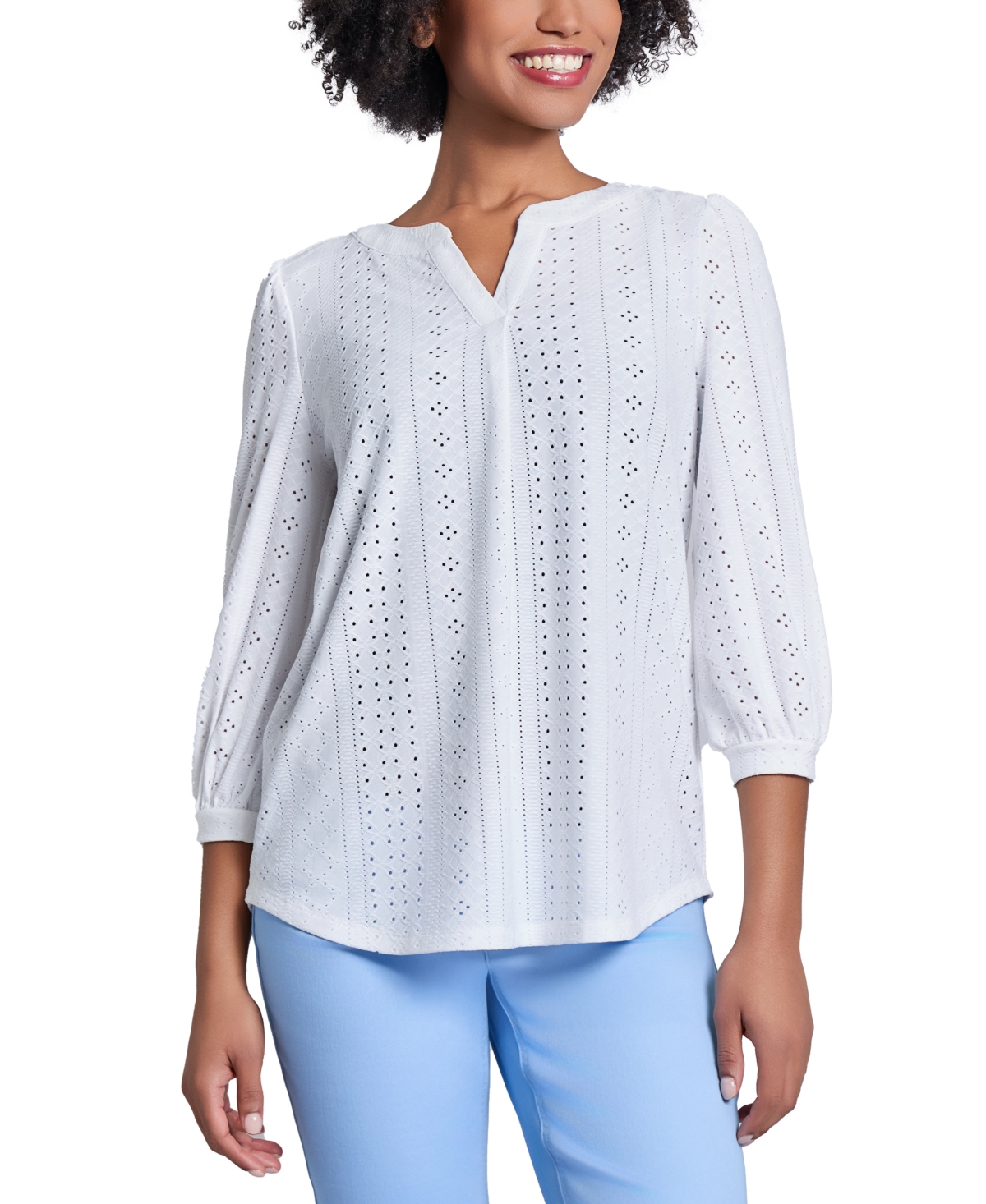 Women's Split-Neck Multi Lattice Eyelet Knit Top - Nyc White