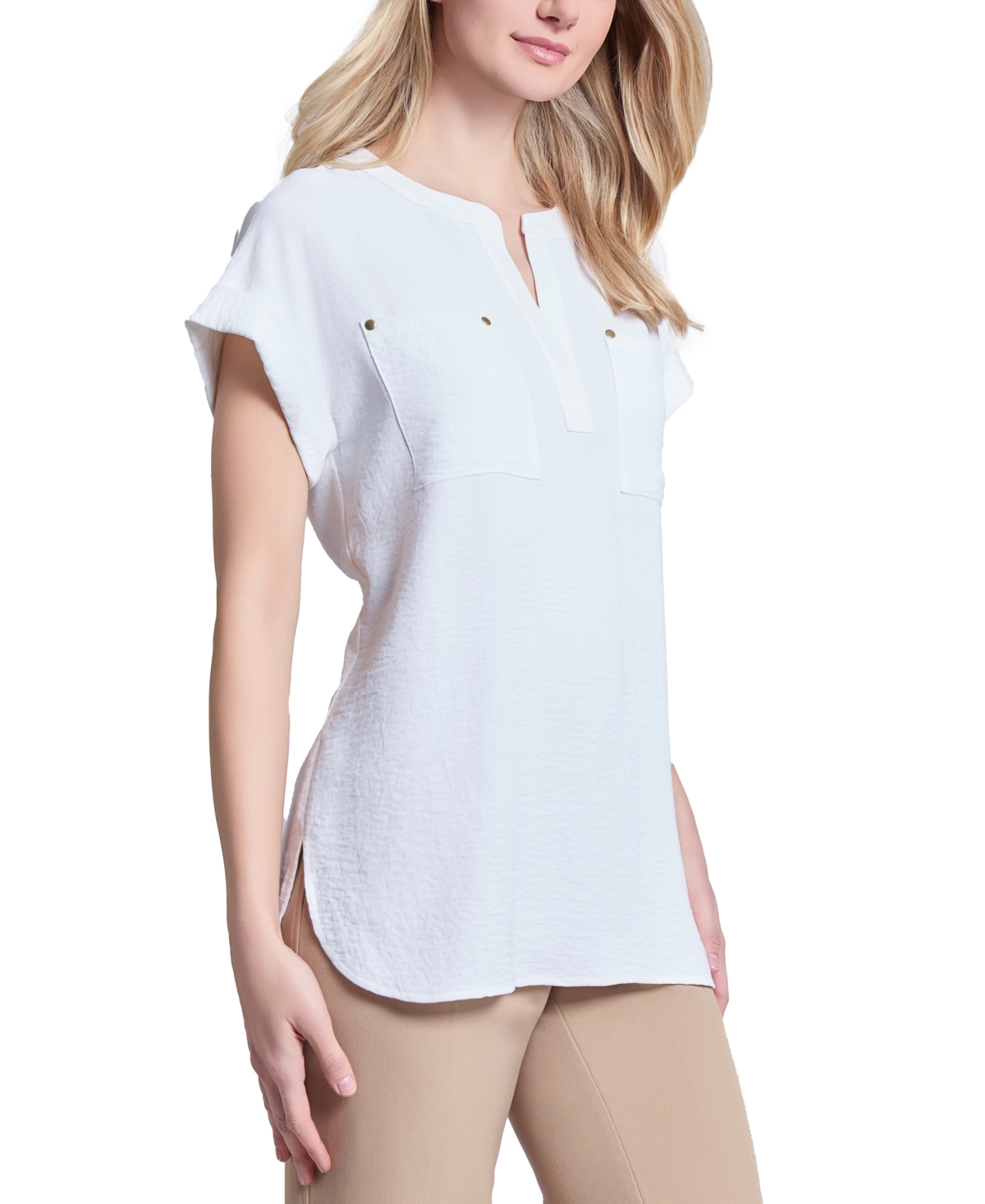 Jones New York Split Neck Cuff Cap Sleeve Tunic Top In Nyc White