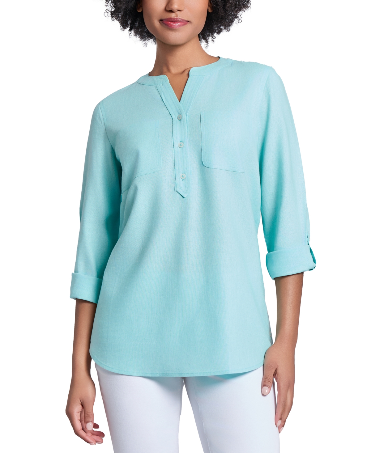 Petite Split-Neck Roll-Tab-Sleeve Top - Aqua Mist