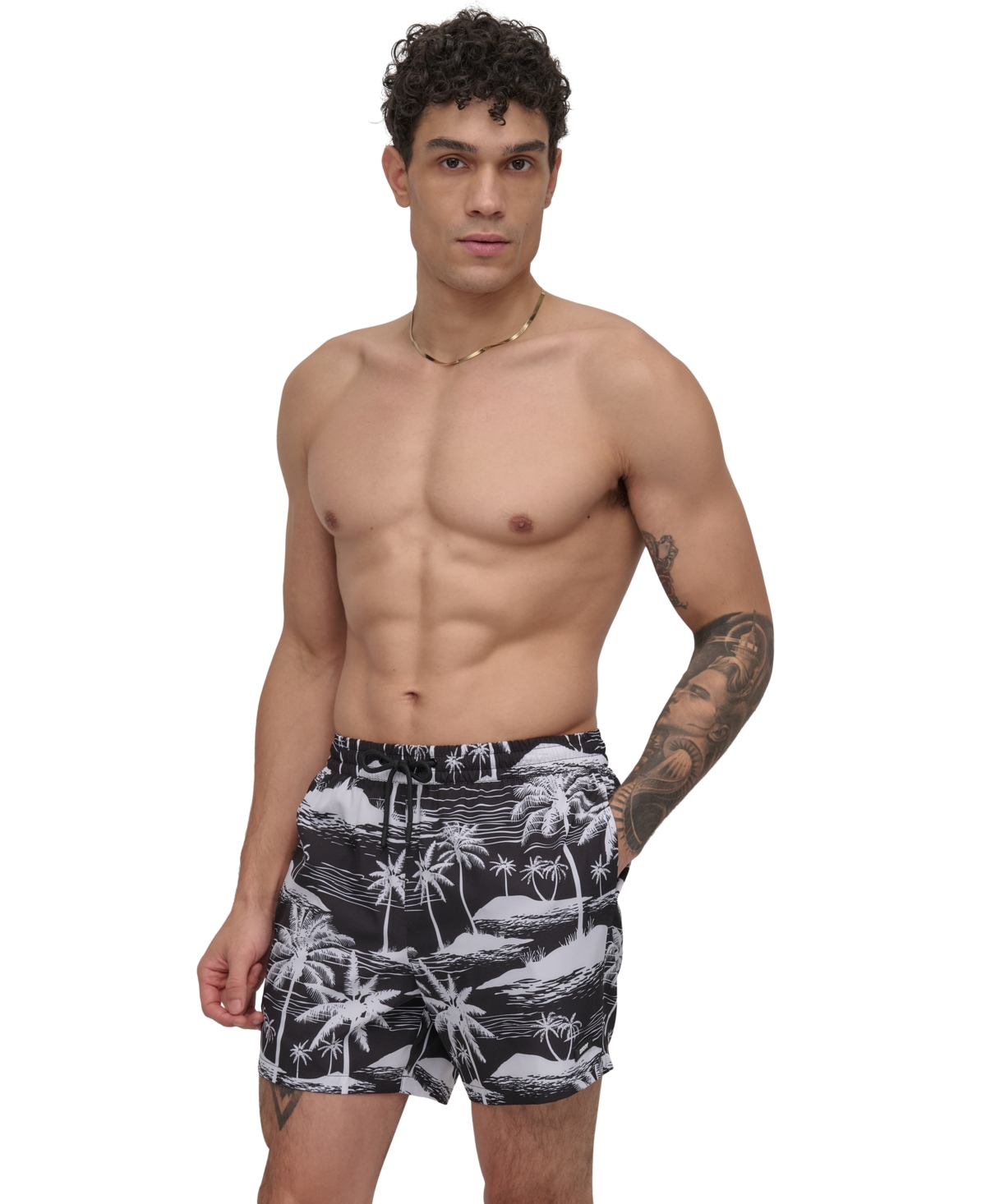 Dkny Men's Euro Black & White Bandana Print Performance 5" Volley Shorts In Island