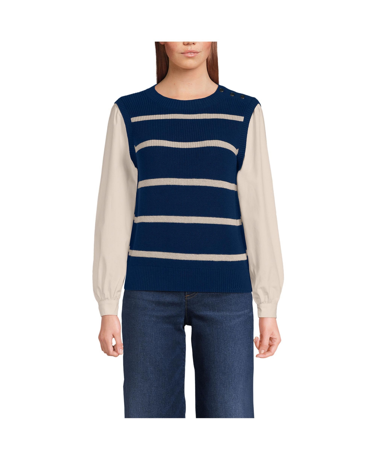 Women's Drifter Shaker Button Shoulder Sweater Vest with Poplin Sleeves - Fresh ivory/navy stripe