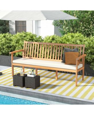 Outdoor 3-Seat Wood Bench with Seat Cushion and Slatted Seat