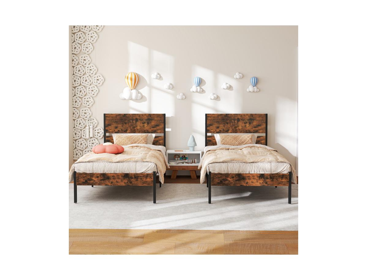 Metal Bed Frame with Wooden Headboard and Footboard