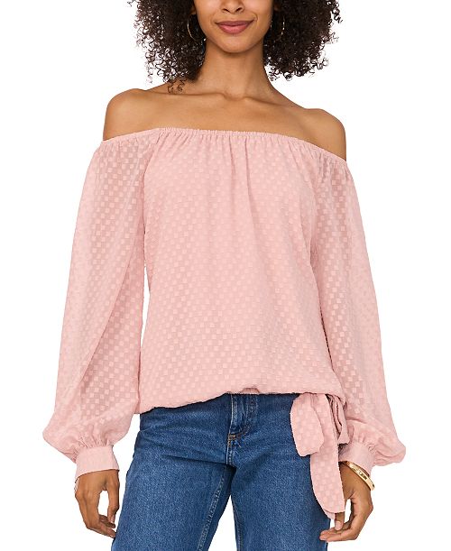 alfani Vince Camuto Women's Textured Off-The-Shoulder Long-Sleeve Tie-Front Blouse Women's Fashion Shoes & Accessories