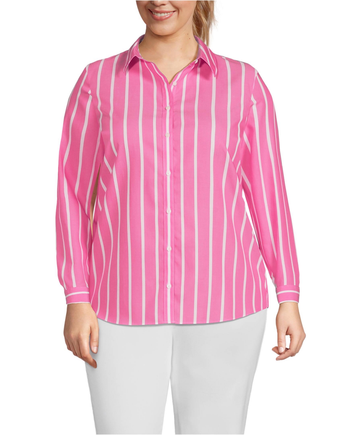 Plus Size No Iron Button Front Shirt - White/aqua classic stripe