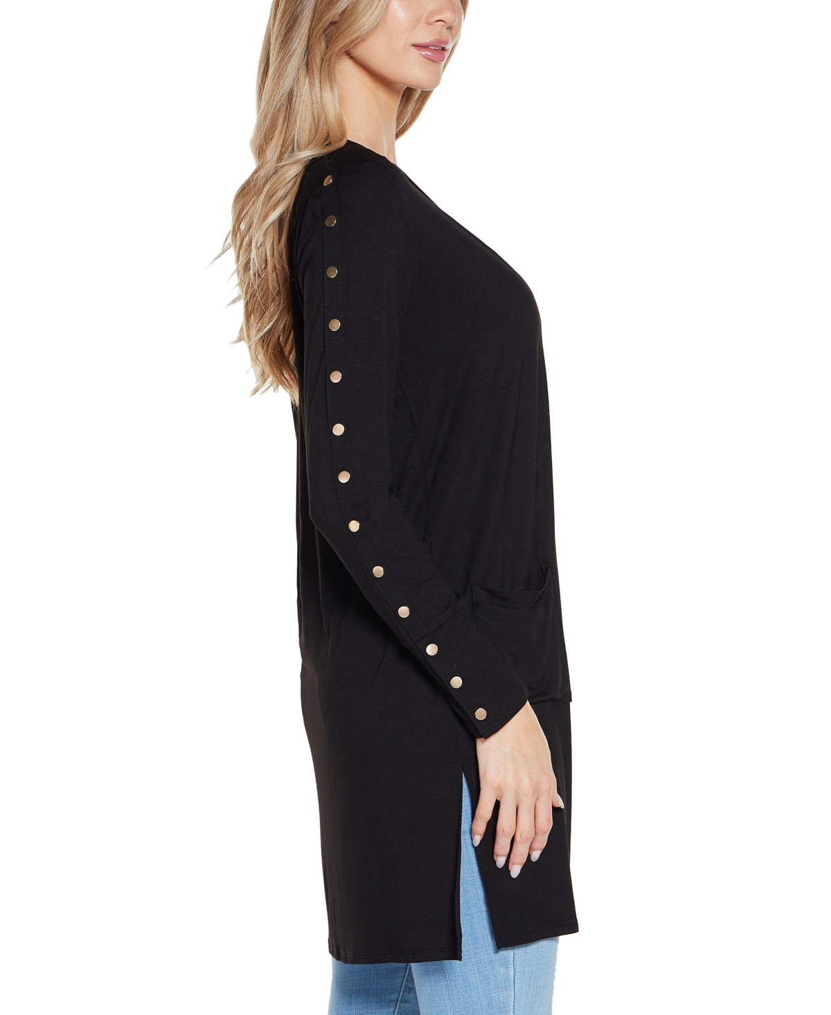 Belldini Women's Embellished Sleeve Knit Open Cardigan Top In Black