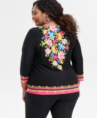 Plus Size Printed  3/4-Sleeve Top, Exclusively at Macy's