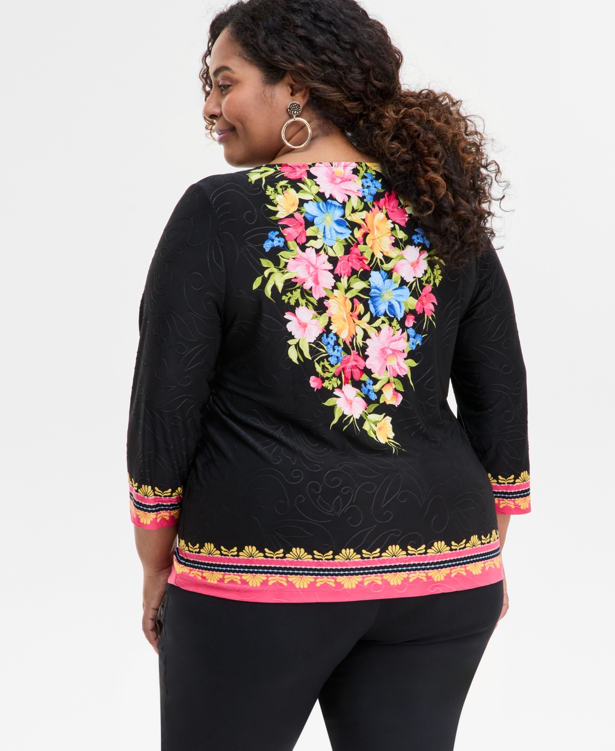 JM COLLECTION PLUS SIZE PRINTED 3/4-SLEEVE TOP, EXCLUSIVELY AT MACY'S 