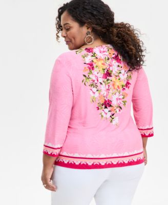 Plus Size Printed  3/4-Sleeve Top, Exclusively at Macy's