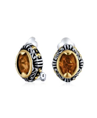 Bling Jewelry Fashion Crystal Oval Bali Style Clip-On Earrings Non-Pierced Ears Multiple Colors - Orange