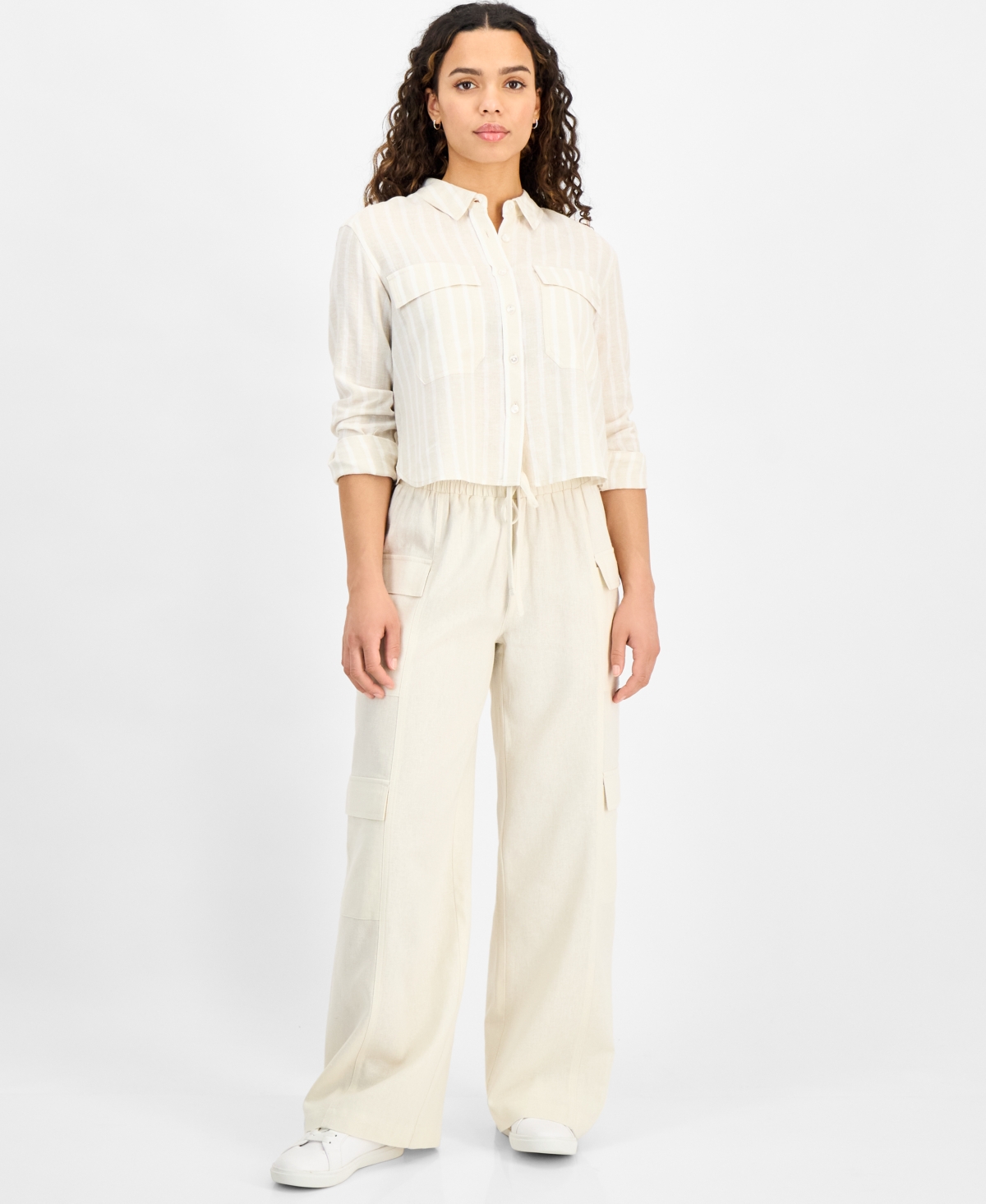 DKNY JEANS PETITE LINEN-BLEND STRIPED BUTTON-FRONT SHIRT 