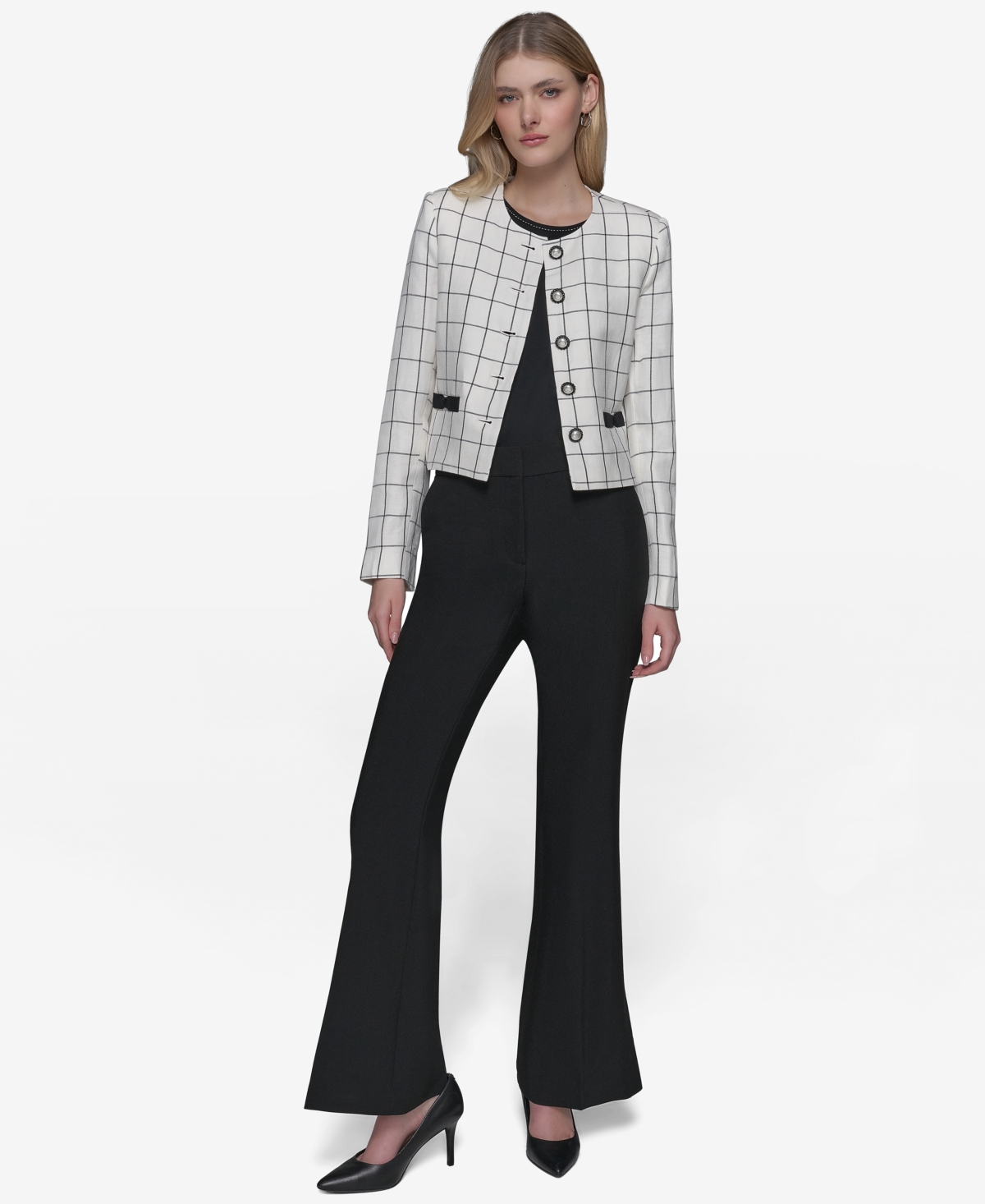 Shop Karl Lagerfeld Women's Windowpane-print Jacket In Soft White,black