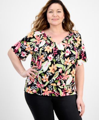 JM Collection - Women's Printed Split-Neck Elbow-Sleeve Top, Exclusively at Macy's