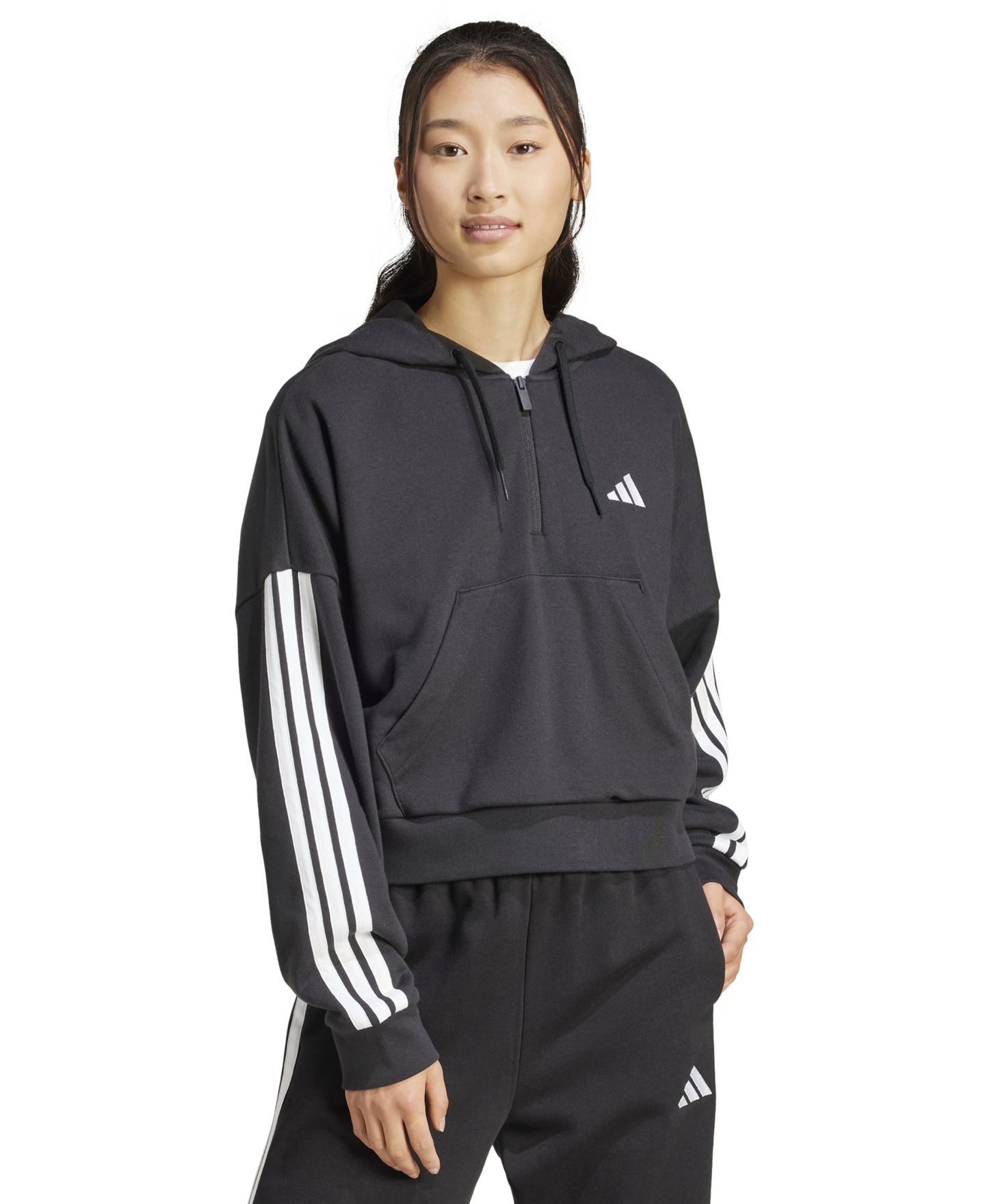 Женское худи adidas Essentials 3-Stripes French Terry Quarter-Zip, цвет: Чёрный / Белый — фото 1