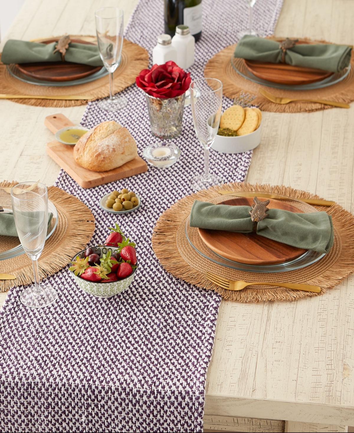 Design Imports Woven Jacquard Fringe Table Runner, 15" X 72" In Eggplant