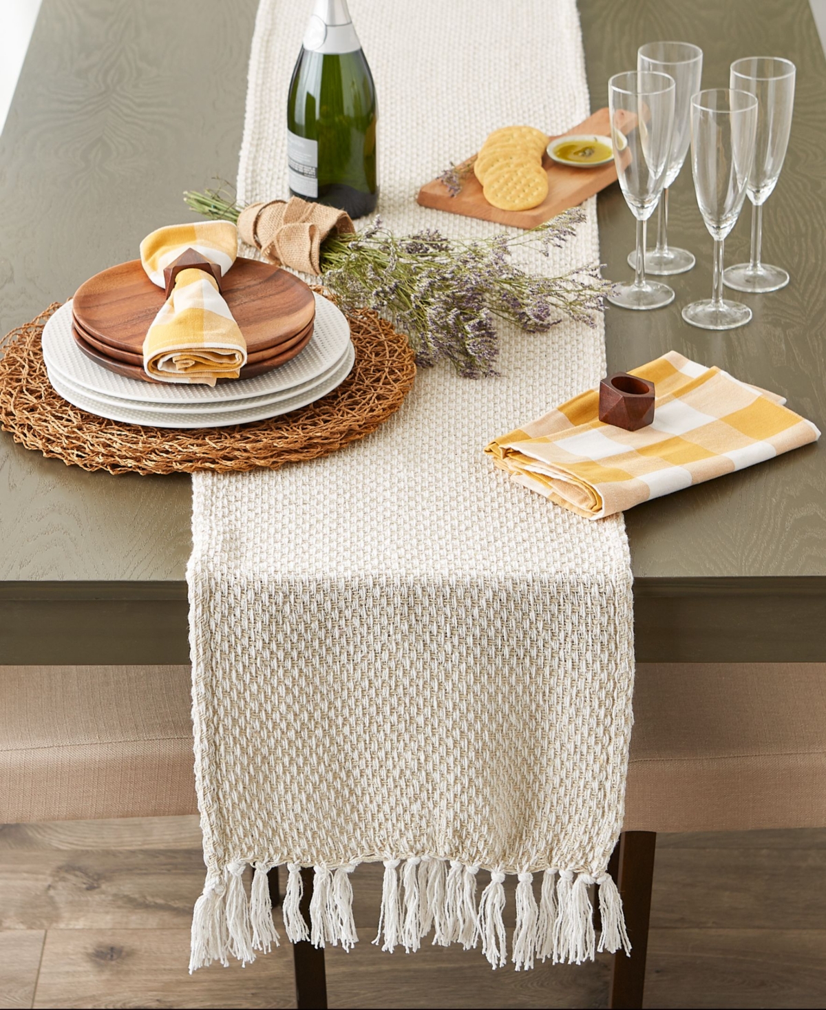 Design Imports Woven Jacquard Fringe Table Runner, 15" X 72" In Natural