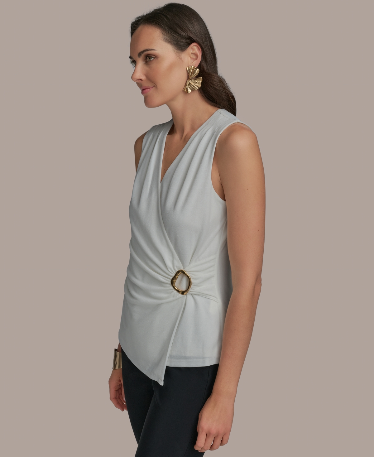 Shop Donna Karan Women's Sleeveless V-neck Faux-wrap Top In Cream