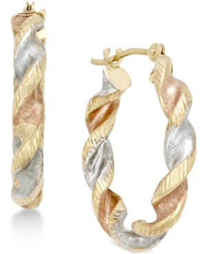 image of Satin Twist Hoop Earrings in 10k Tri-Tone Gold