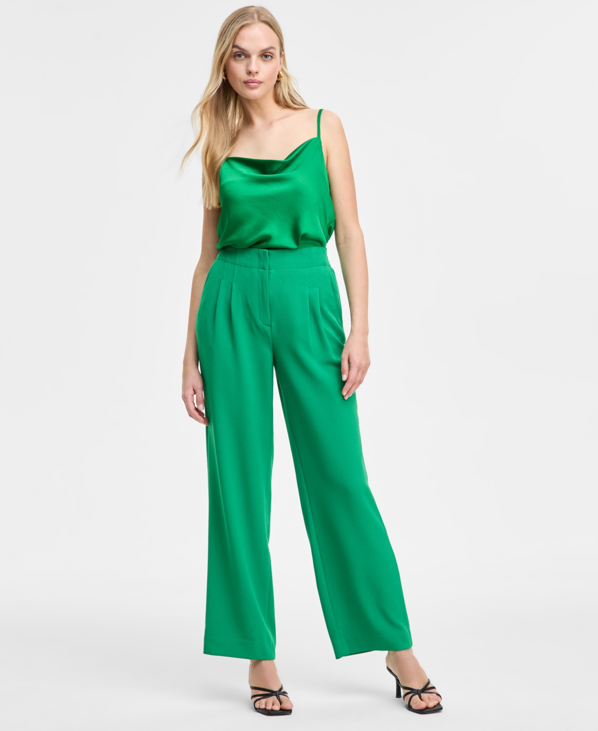 Women's High-Rise Pleated-Front Wide-Leg Pants, Exclusively at Macy's - Green Chili