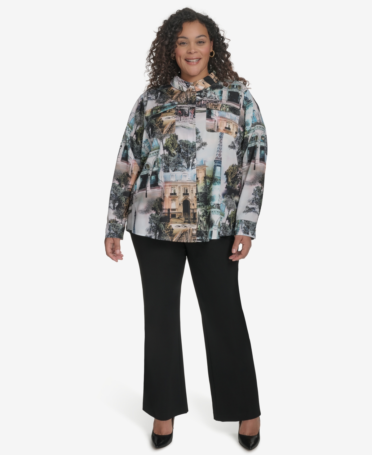Karl Lagerfeld Plus Size Whimsical Paris-print Shirt, Exclusively At Macy's In Soft White Multi