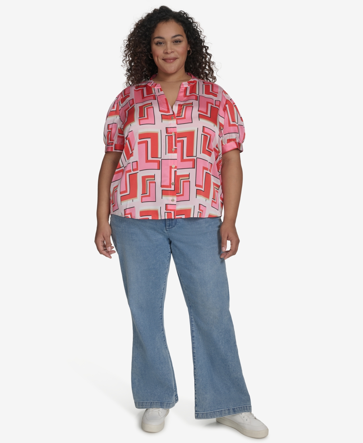 Karl Lagerfeld Plus Size Printed Camp Shirt, Exclusively At Macy's In Parfait Pink Mulit