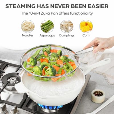 Zuka Everyday Pan 3.25 Qt. Ceramic 10 in 1 Nonstick Multi-Functional Saute Pan with Lid, Nylon Spoon, & Steamer Basket