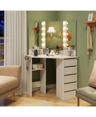 Corner Vanity Desk with 3-Color LED Lighted Mirror & Power Outlet Stylish Makeup Desk for Bedroom