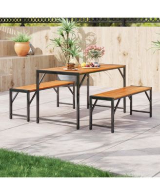 3 Pieces Patio Dining Set with Acacia Wood Dining Table and 2 Benches