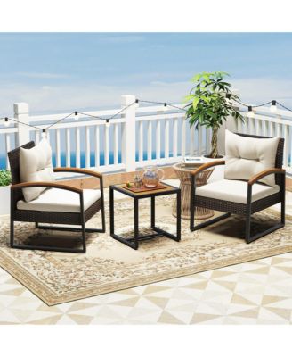 3PCS Patio Wicker Furniture Set PE Wicker Furniture Conversation Set w/ Acacia Wood Table