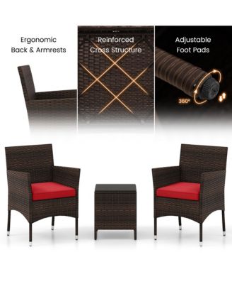 3 PCS Outdoor Conversation Set w/ Cushioned Seat & Tempered Glass Tabletop