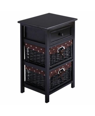 3 Tier Set of 2 Wood Nightstand with 1 and 2 Basket Drawer