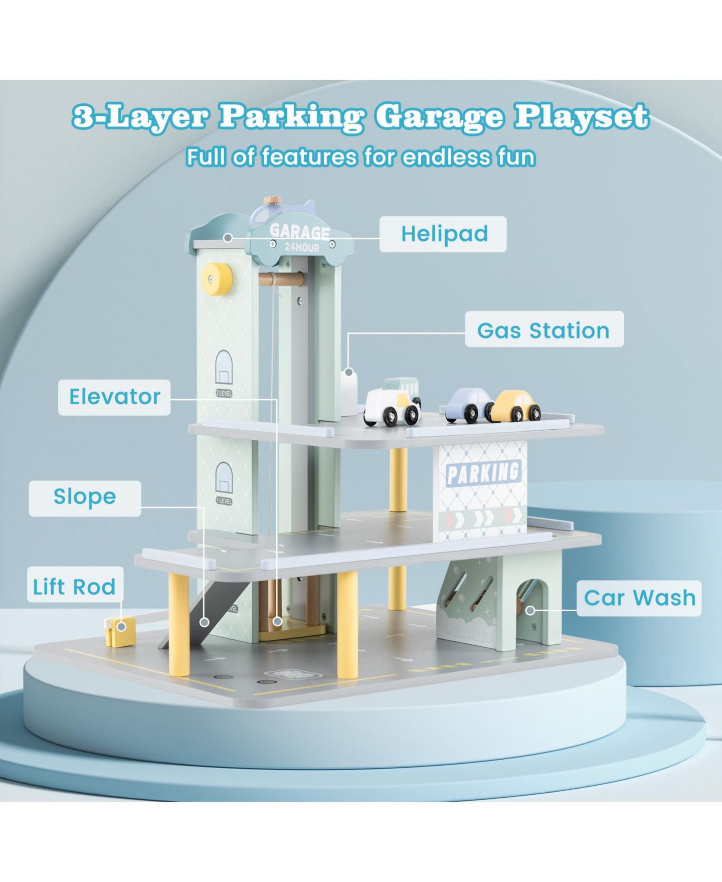 Детский игровой набор Slickblue Parking Garage Playset with 4 Cars & Helicopter Fun Toy for Kids, цвет: Серый — фото 5