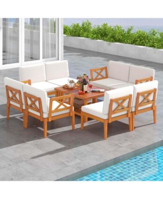 10 PCS Acacia Wood Patio Furniture Set with Cushions and 2-Tier Coffee Table