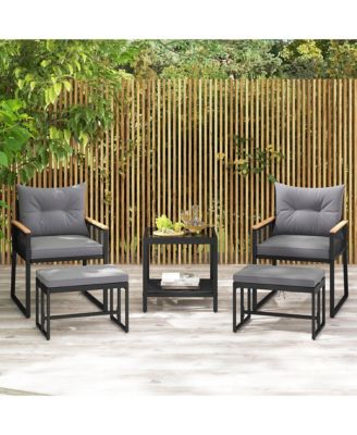 5 Piece Patio Conversation Set PE Rattan Wicker Chairs w/ 2 Ottomans Soft Cushions