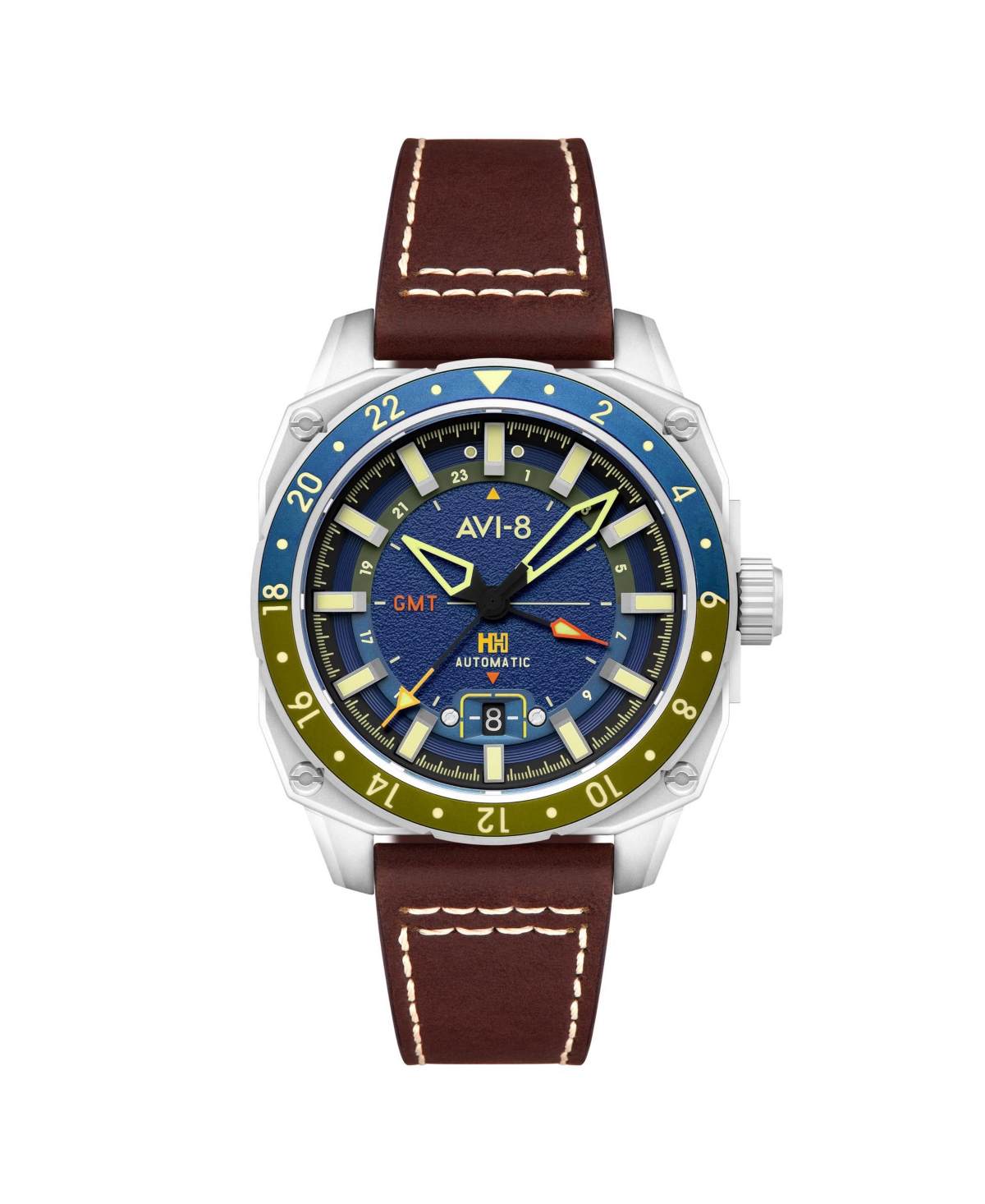 Men's Hawker Hunter Atlas Gmt Automatic Brown Leather Strap Watch, 44mm - Blue