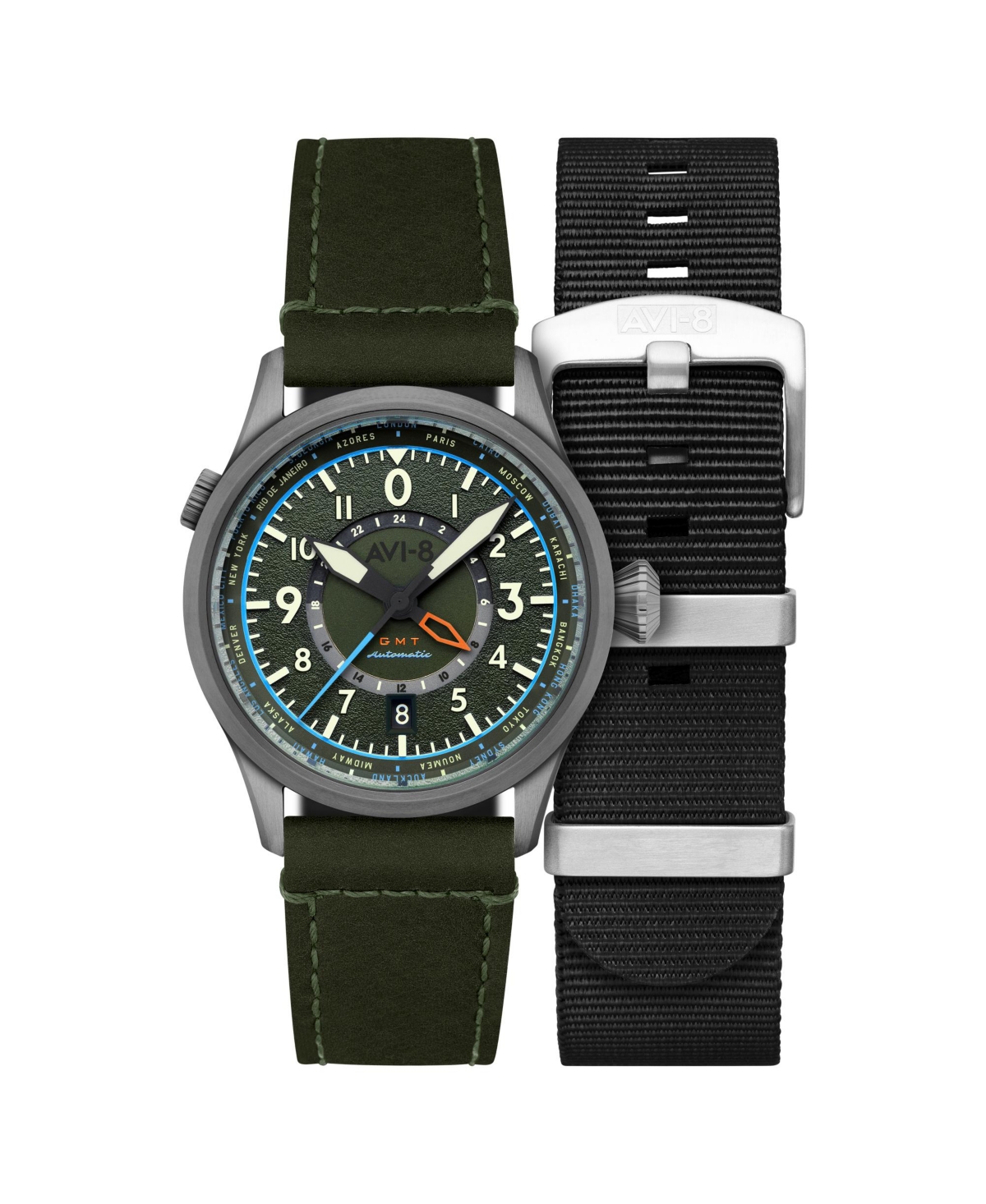 Men's Flyboy Wingman Worldtimer Gmt Automatic Green Leather Strap Watch, 41mm - Green