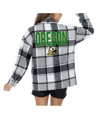 Women's Grey Oregon Ducks Long Sleeve Brushed Plaid Button-Up Overshirt Jacket