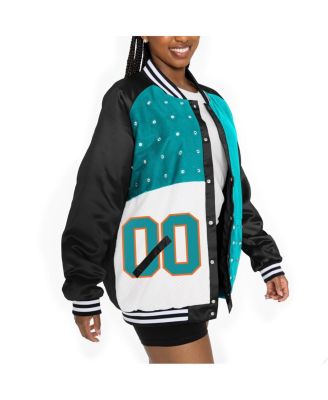 Women's Black/Aqua Miami Dolphins Oversized Hot Shot Rhinestone Throwback Full-Snap Varsity Bomber Jacket