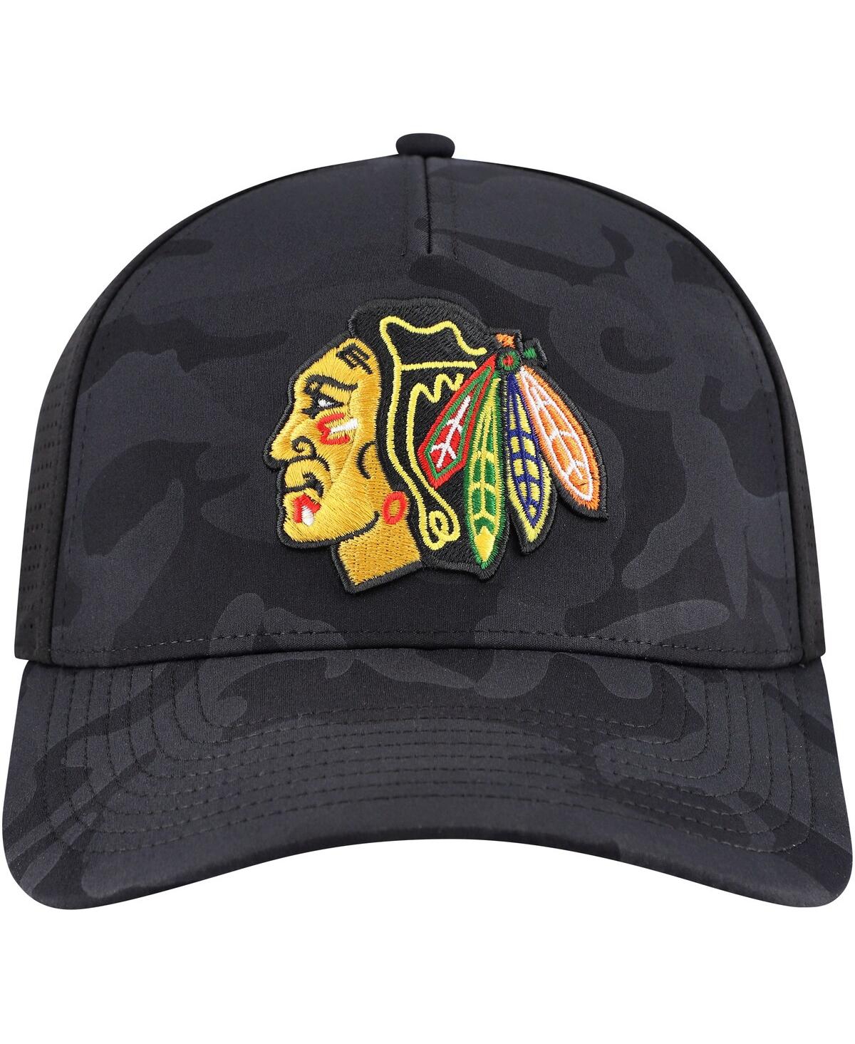 AMERICAN NEEDLE MEN'S BLACK CHICAGO BLACKHAWKS VALIN CAMO SUPER TECH VENTED ADJUSTABLE HAT 