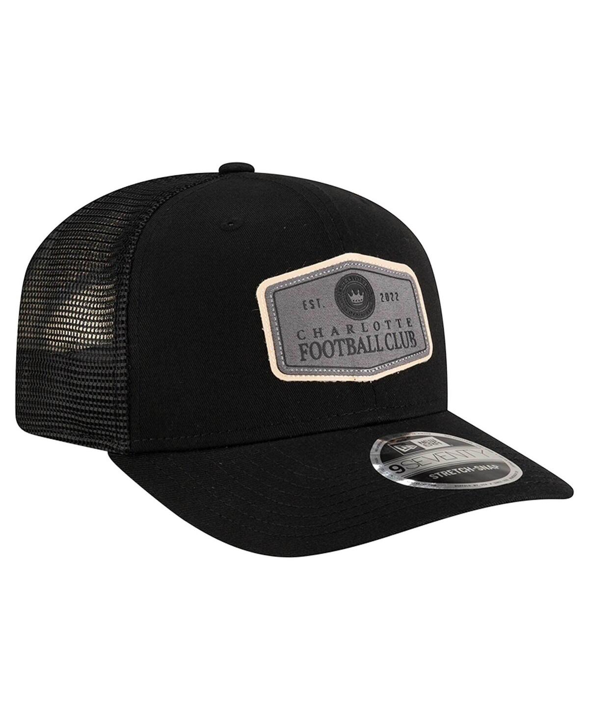 NEW ERA MEN'S BLACK CHARLOTTE FC LABELED 9SEVENTY TRUCKER STRETCH-SNAP ADJUSTABLE HAT 