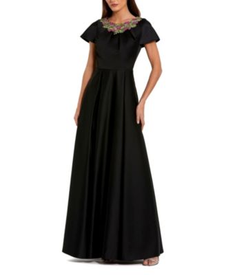 Women's Satin Flutter Sleeve Gown With Neckline Beading