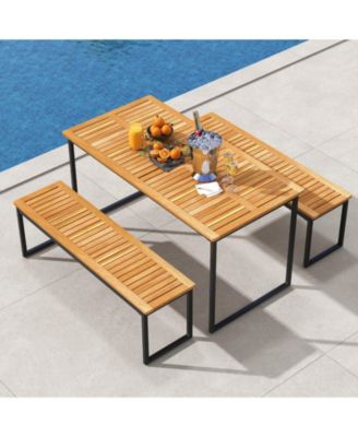Acacia Wood Dining Table for 6 People with Slatted Tabletop and Umbrella Hole