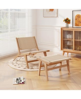 Teak Wood Ottoman Footstool with Braided Rope for Living Room