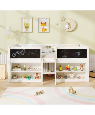 Twin Size Low Loft Bed with Ramp Ladder & Bookcases Full-length Safety Guardrail