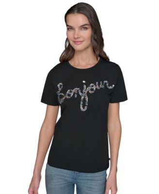 KARL LAGERFELD PARIS - Women's Crewneck Jewel Bonjour T-Shirt