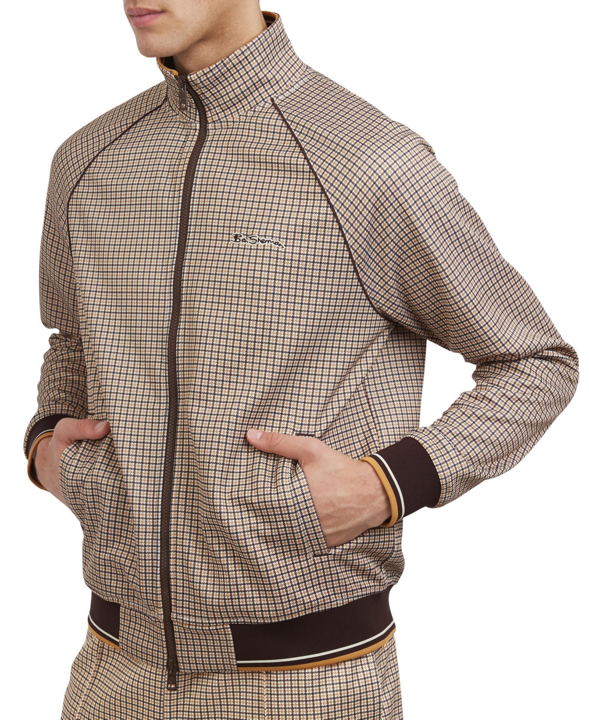 Men's Regular-Fit Houndstooth Check Full-Zip Track Jacket - Aztec Gold