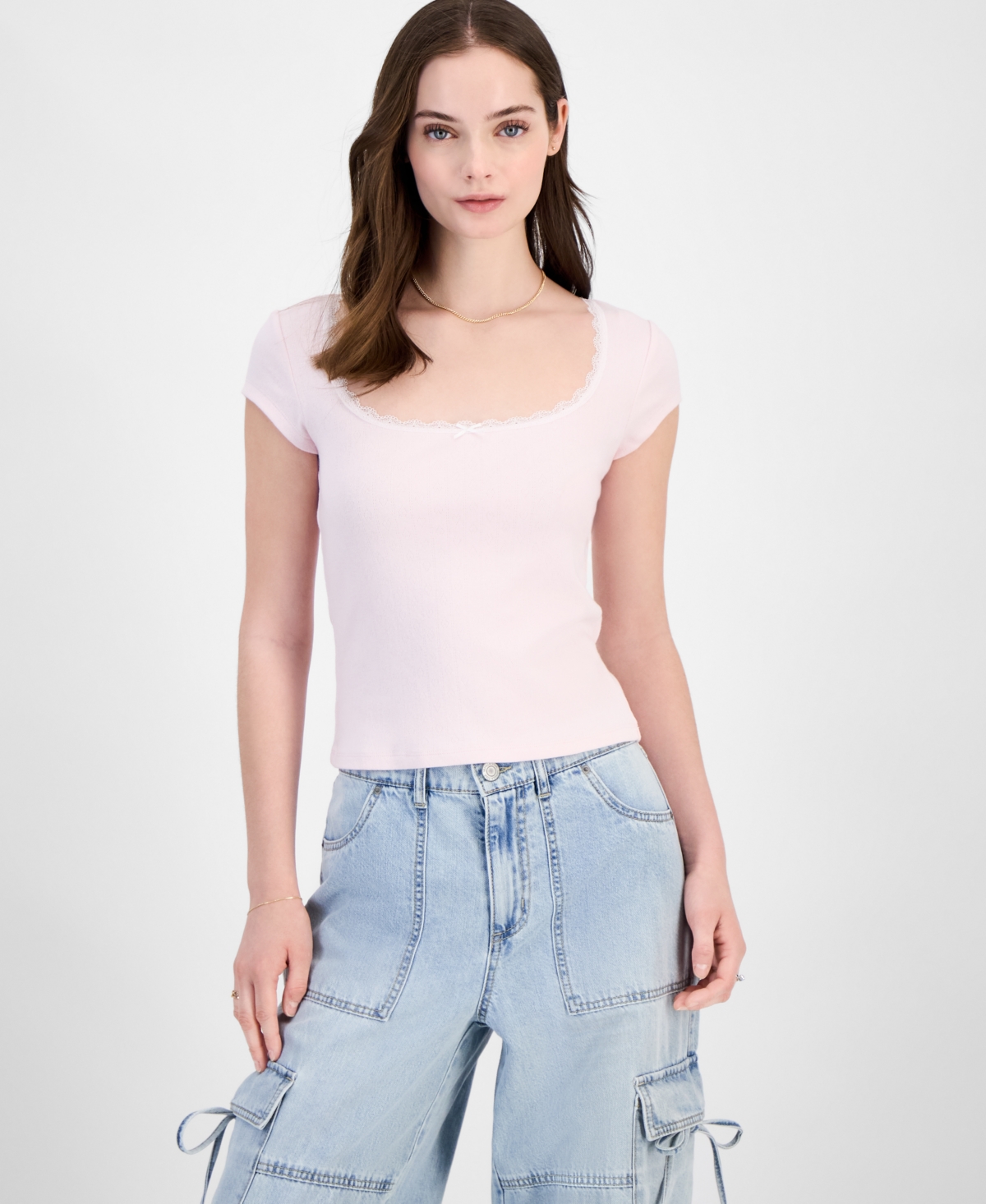 Juniors' Lace Trimmed Short-Sleeve T-Shirt - Tender Touch