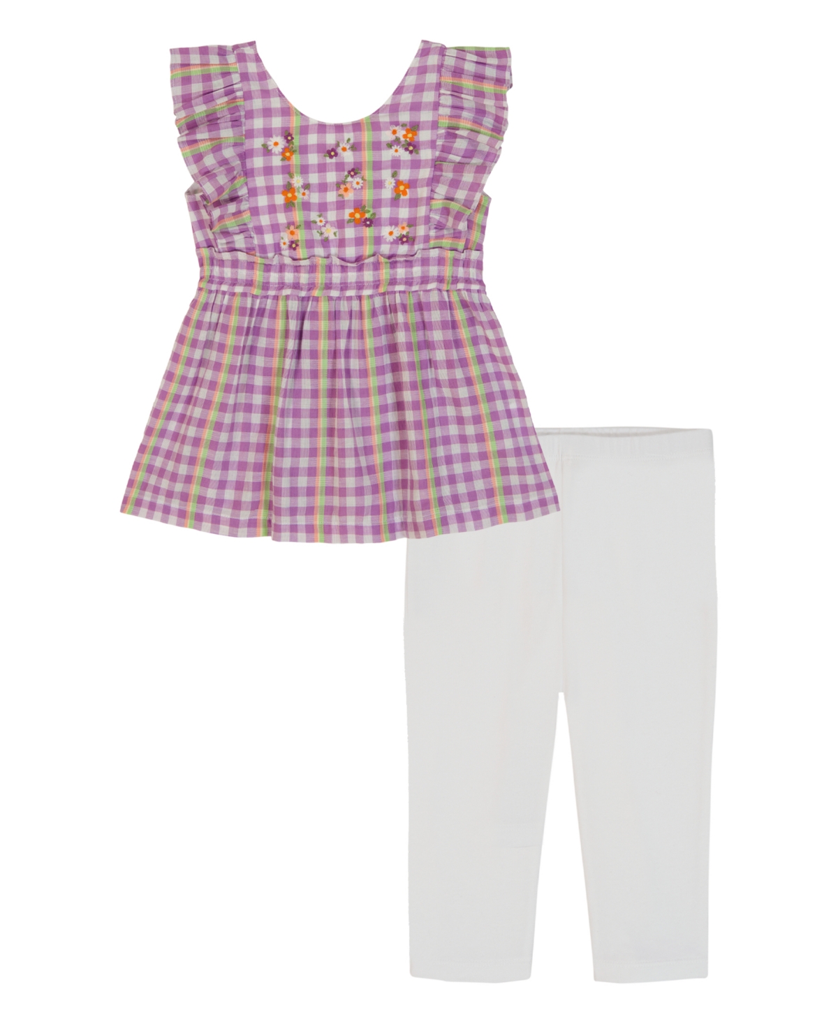 KIDS HEADQUARTERS TODDLER AND LITTLE GIRLS 2-PIECE GINGHAM APRON TUNIC TOP AND CAPRI LEGGING SET 