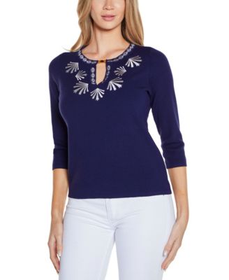 Women's Black Label Embroidered Split-Neck Sweater